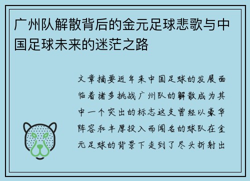 广州队解散背后的金元足球悲歌与中国足球未来的迷茫之路