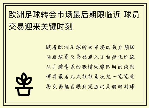 欧洲足球转会市场最后期限临近 球员交易迎来关键时刻